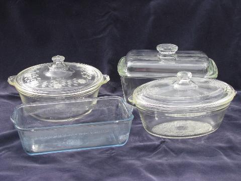 photo of vintage oven glassware, baking glass pans lot - Fire King sapphire blue, clear Pyrex #1