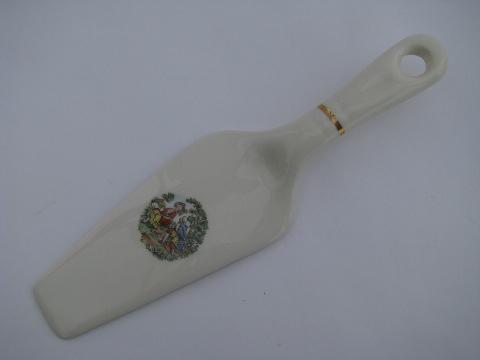 photo of vintage oven proof china, pottery cake or pie server, colonial couple pattern #1