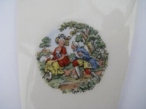 photo of vintage oven proof china, pottery cake or pie server, colonial couple pattern #2