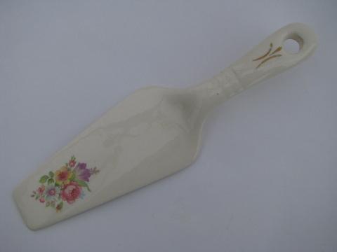 photo of vintage oven proof china, pottery cake or pie server, pink roses bouquet #1