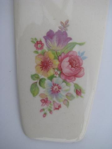 photo of vintage oven proof china, pottery cake or pie server, pink roses bouquet #2