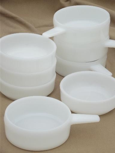 photo of vintage oven proof milk glass, bowls & stick handled casseroles / onion soups #1