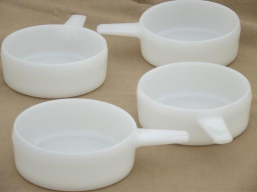 photo of vintage oven proof milk glass, bowls & stick handled casseroles / onion soups #3