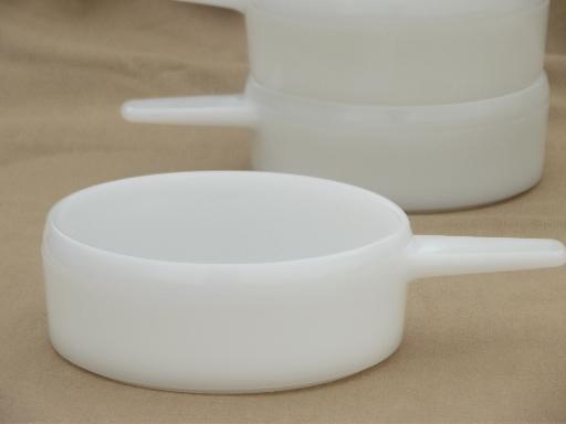 photo of vintage oven proof milk glass, bowls & stick handled casseroles / onion soups #4