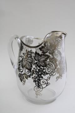 vintage overlay silver deposit glass pitcher w/ hand painted grapes, leaf & vine