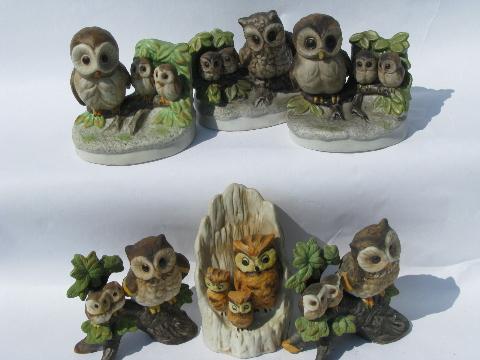 photo of vintage owl family figurine lot, retro 70s porcelain owls w/ owlets #1