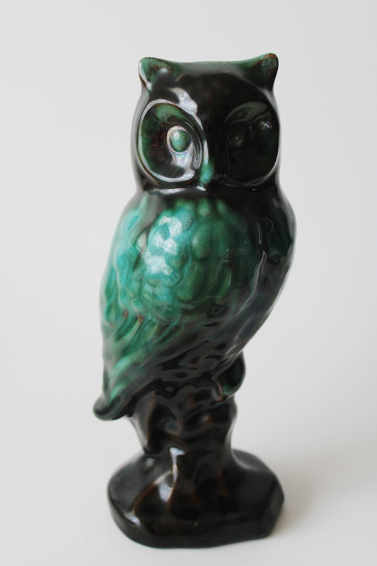 photo of vintage owl figurine, moody dark green & black drip glaze Blue Mountain art pottery Canada  #1