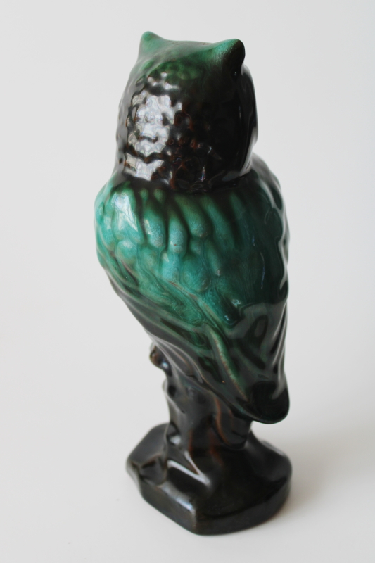 photo of vintage owl figurine, moody dark green & black drip glaze Blue Mountain art pottery Canada  #2