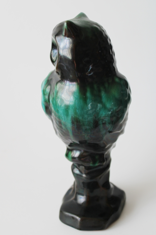 photo of vintage owl figurine, moody dark green & black drip glaze Blue Mountain art pottery Canada  #3