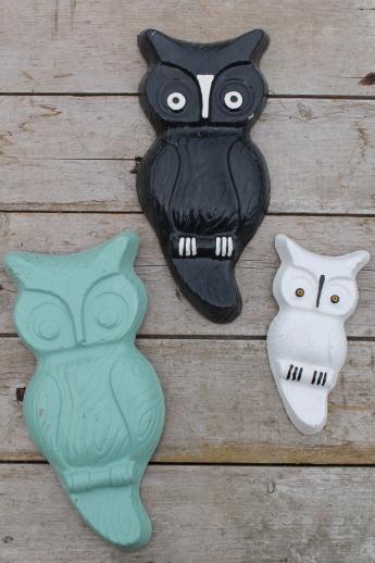 photo of vintage owls industrial style wall art pieces, cast cement sculptures in retro colors #1