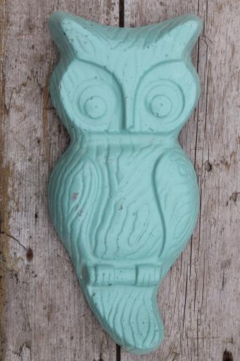 photo of vintage owls industrial style wall art pieces, cast cement sculptures in retro colors #4