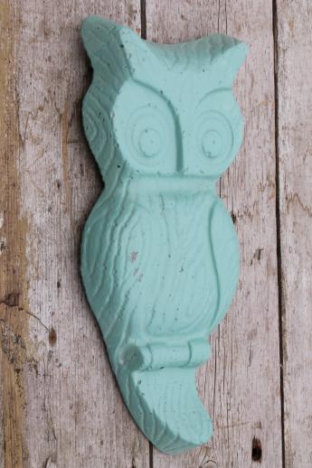 photo of vintage owls industrial style wall art pieces, cast cement sculptures in retro colors #5