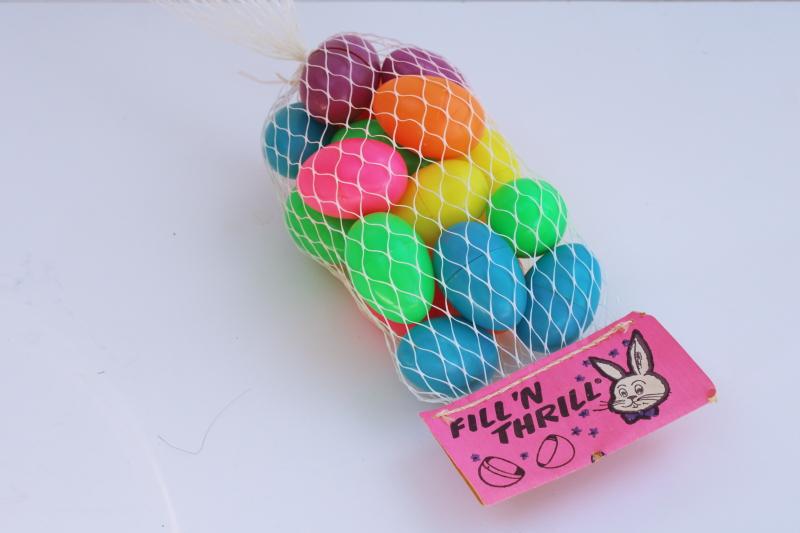 photo of vintage package of mini plastic Easter eggs, Fill & Thrill bunny label #1