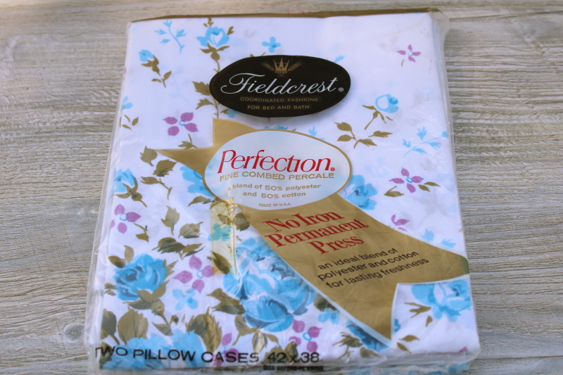 photo of vintage package poly / cotton pillowcases set, retro floral print blue lavender #1