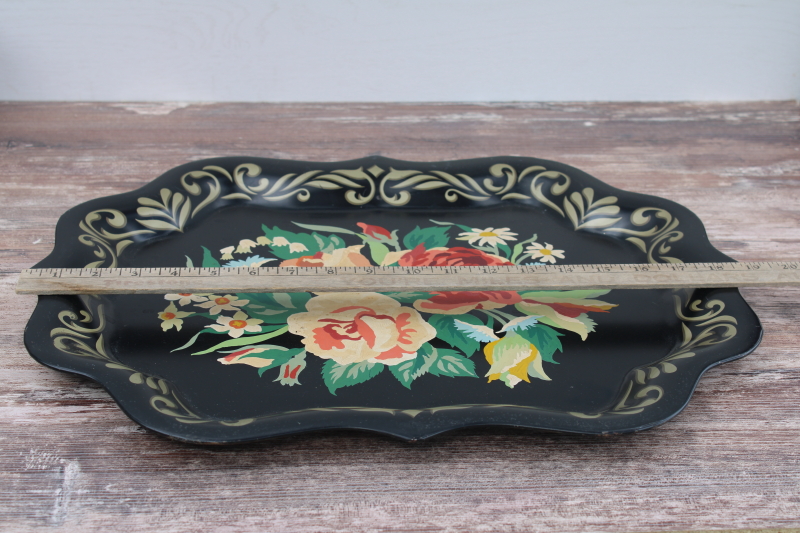 photo of vintage paint by number hand painted metal tray, roses floral on black tole craft art #5