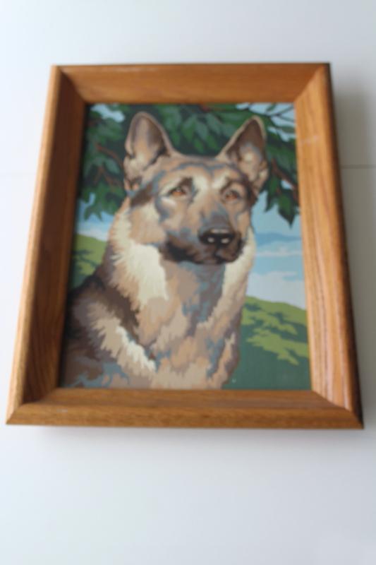 photo of vintage paint by number painting, German Shepherd dog picture in wood frame #1