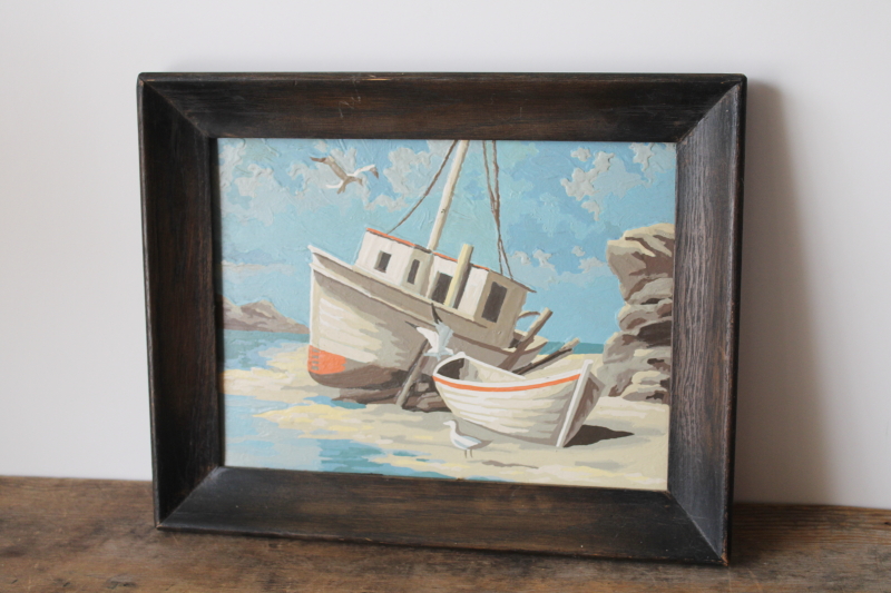 photo of vintage paint by number painting fishing sailboat on beach, dark wood frame nautical coastal picture  #1