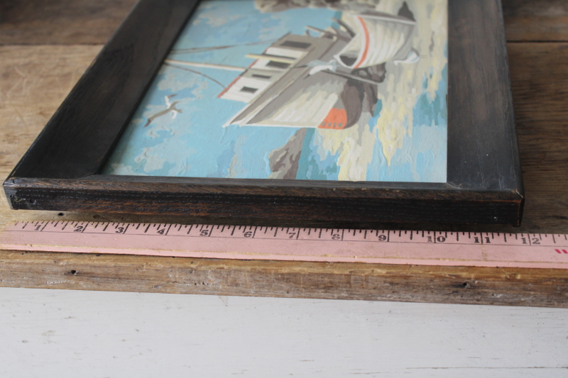 photo of vintage paint by number painting fishing sailboat on beach, dark wood frame nautical coastal picture  #3