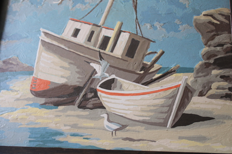 photo of vintage paint by number painting fishing sailboat on beach, dark wood frame nautical coastal picture  #4