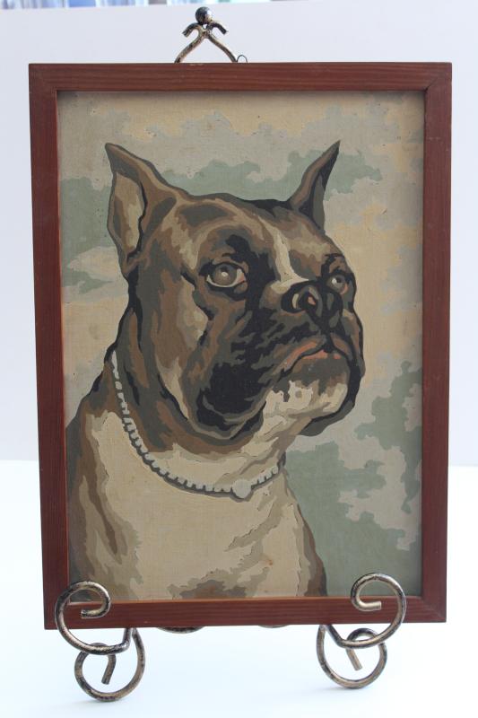 photo of vintage paint by number picture, brindled boxer dog portrait painting PBN #1