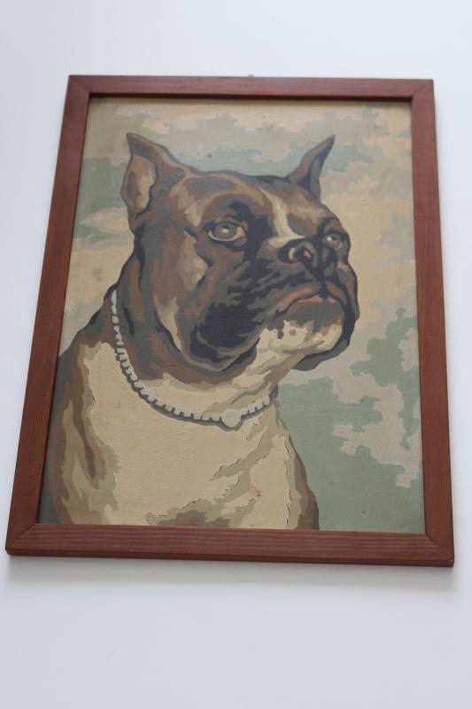 photo of vintage paint by number picture, brindled boxer dog portrait painting PBN #9