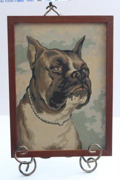 catalog photo of vintage paint by number picture, brindled boxer dog portrait painting PBN