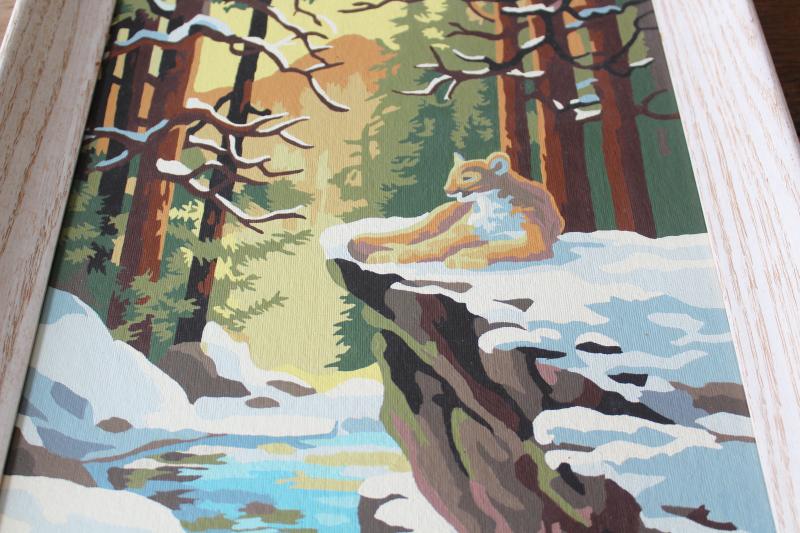 photo of vintage paint by number picture, cougar or mountain lion winter creek north woods snow #2