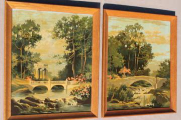 catalog photo of vintage paint by number pictures, french ruins garden bridge landscape paintings