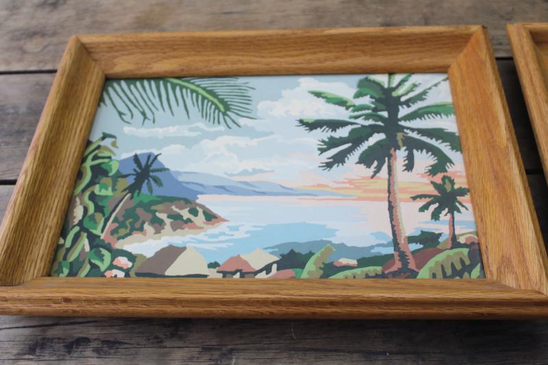 photo of vintage paint by number pictures, retro tiki style tropical island beach scenes #3