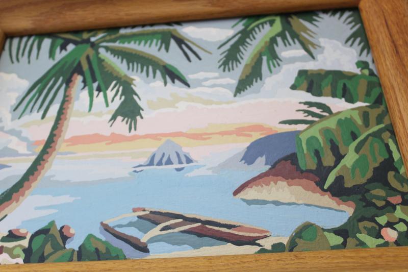 photo of vintage paint by number pictures, retro tiki style tropical island beach scenes #5