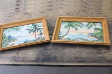 catalog photo of vintage paint by number pictures, retro tiki style tropical island beach scenes