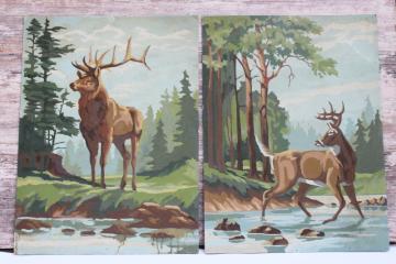 catalog photo of vintage paint by number pictures, rustic wildlife paintings elk stag & white tailed deer 