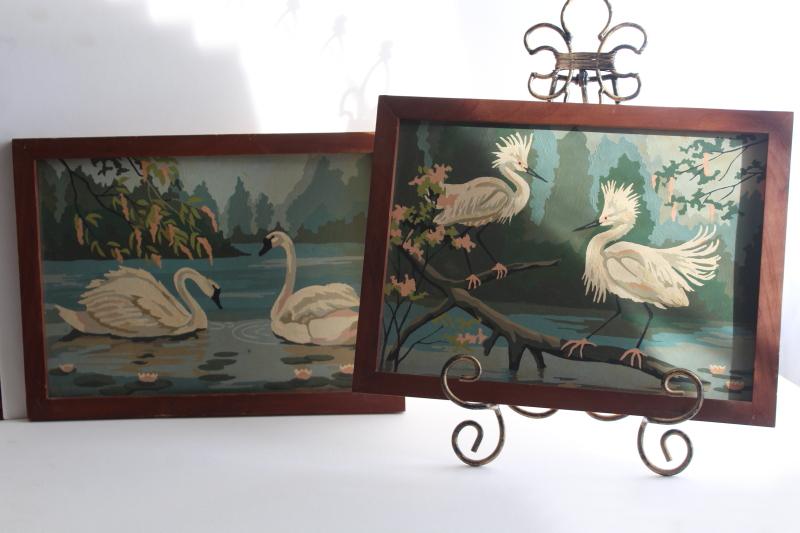 photo of vintage paint by number pictures, white egrets & swans w/ flowering trees, Everglades scenes? #1