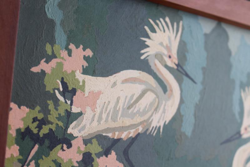 photo of vintage paint by number pictures, white egrets & swans w/ flowering trees, Everglades scenes? #7