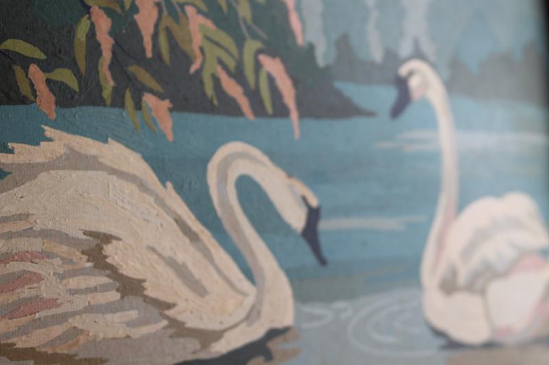 photo of vintage paint by number pictures, white egrets & swans w/ flowering trees, Everglades scenes? #12