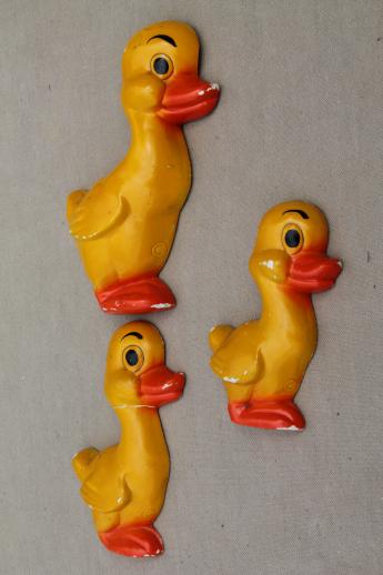 photo of vintage painted chalkware plaques, retro kitchen wall art lot, bright fruit, ducks in a row etc. #10