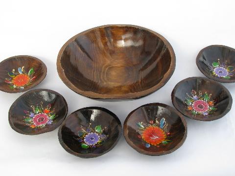 photo of vintage painted flowers carved wood salad bowls #1