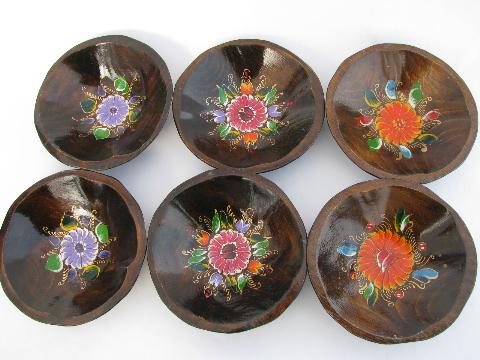 photo of vintage painted flowers carved wood salad bowls #4