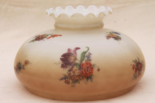 photo of vintage painted glass lampshade, large shade w/ lovely floral on antique ecru colo #1