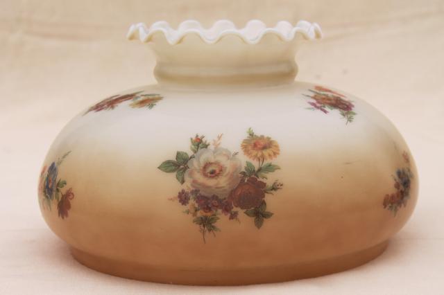 photo of vintage painted glass lampshade, large shade w/ lovely floral on antique ecru colo #3