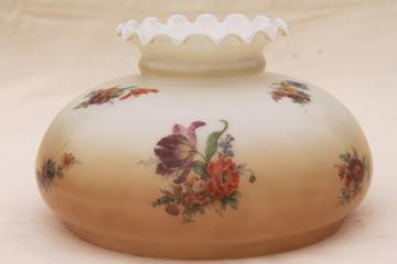 catalog photo of vintage painted glass lampshade, large shade w/ lovely floral on antique ecru colo