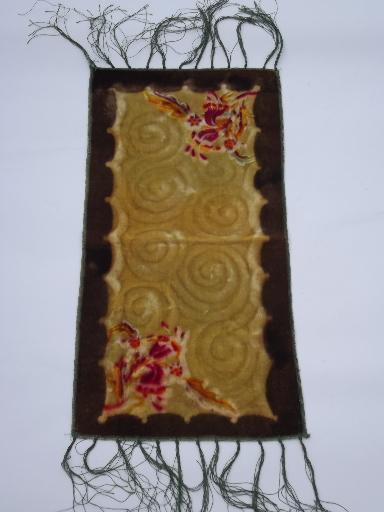 photo of vintage painted velvet table runner w/ pink roses, long silky fringe #1