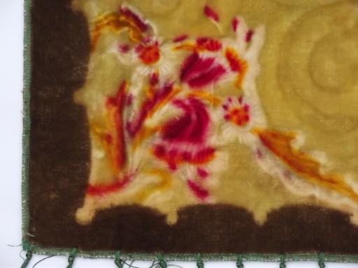 photo of vintage painted velvet table runner w/ pink roses, long silky fringe #2