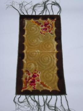 catalog photo of vintage painted velvet table runner w/ pink roses, long silky fringe