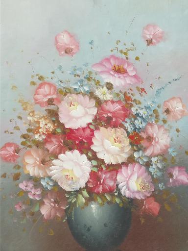 photo of vintage painting on canvas, shabby chic floral in large antique gold frame #2