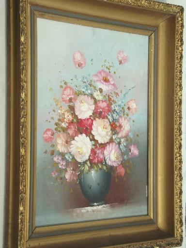 photo of vintage painting on canvas, shabby chic floral in large antique gold frame #5