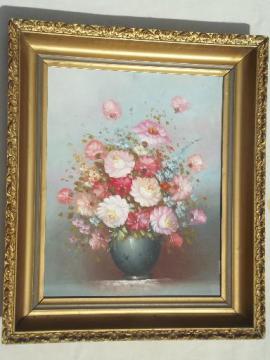 catalog photo of vintage painting on canvas, shabby chic floral in large antique gold frame