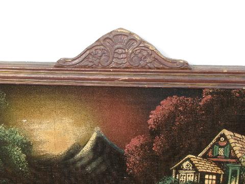 photo of vintage paintings on velvet, old wood frames w/ crown molding, faux graining #5