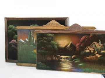 catalog photo of vintage paintings on velvet, old wood frames w/ crown molding, faux graining