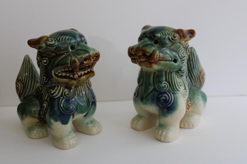 photo of vintage pair of ceramic foo dogs, little lion fu figurines or small statues #2